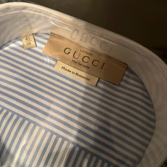 GUCCI Uniform Blue Men's Button Down Dress Shirt White collar Size 41-16(M) - Picture 3 of 4